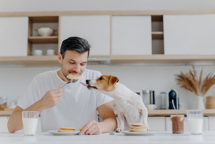 Mężczyzna je przy stole z psem.