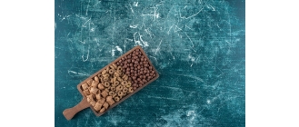 Zdjęcie przedstawia suchą karmę dla psa w postaci granulek o różnych kształtach