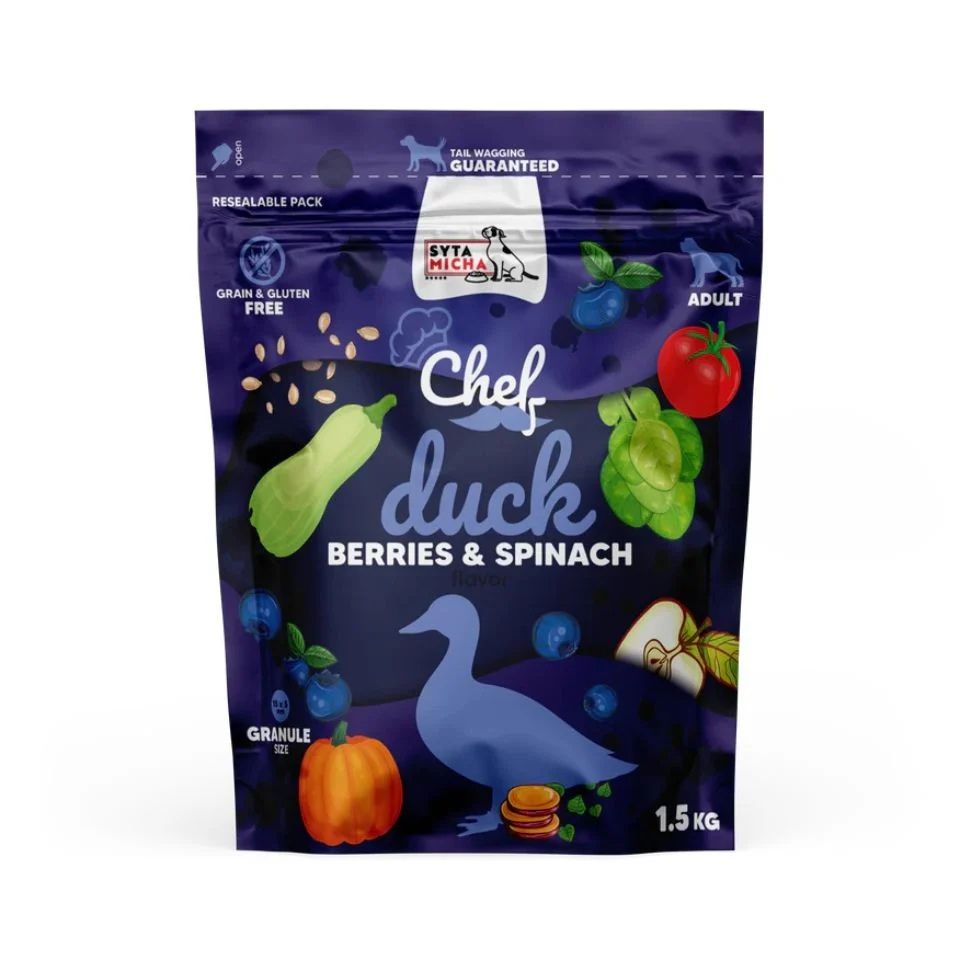 SYTA MICHA Chef Kaczka, jagody i szpinak 1,5 kg sucha karma dla psa