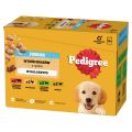 PEDIGREE Junior Wybór Smaków z ryżem saszetki 12x100 g mokra karma pełnoporcjowa dla szczeniąt, kawałki z mieszanką wołowiny i wątróbki i ryżem, z kurczakiem i ryżem, z mieszanką jagnięciny i wątróbki i ryżem, z drobiem i ryżem, w galaretce