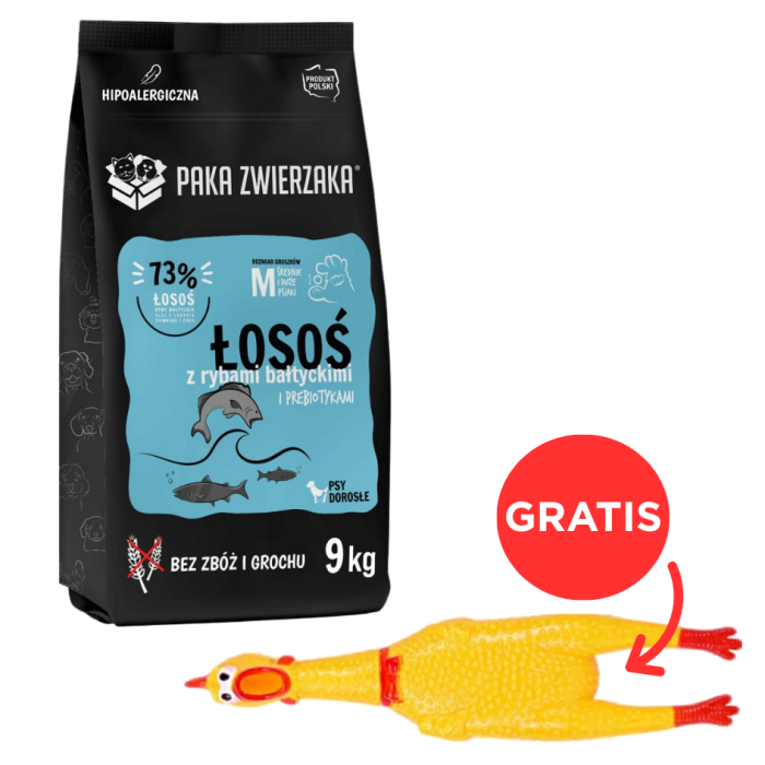 PAKA ZWIERZAKA Seventh Heaven Karma sucha Łosoś z rybami bałtyckimi M 9 kg + zabawka kurczak GRATIS