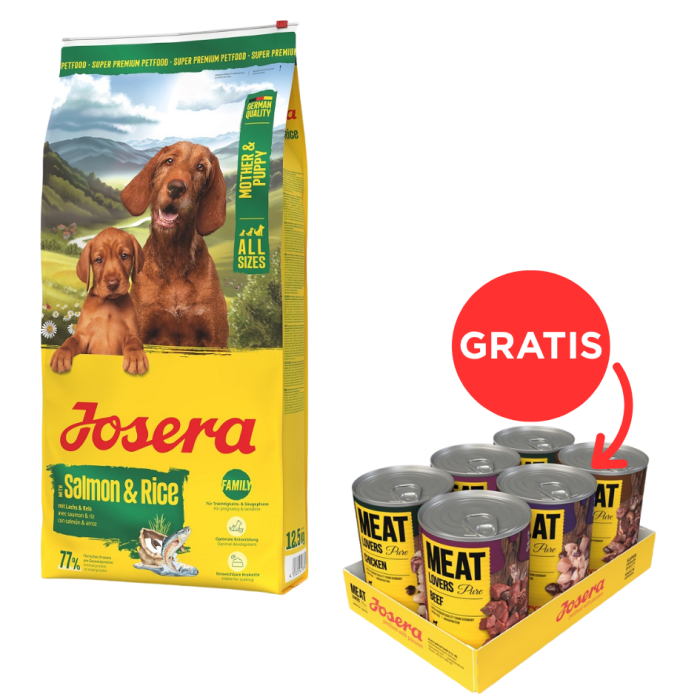 JOSERA Mother and Puppy Salmon with Rice 12,5kg dla szczeniąt, suk w ciąży oraz suk karmiących + Meat Lovers Pure Multipack 6x400g mokra karma dla psów GRATIS