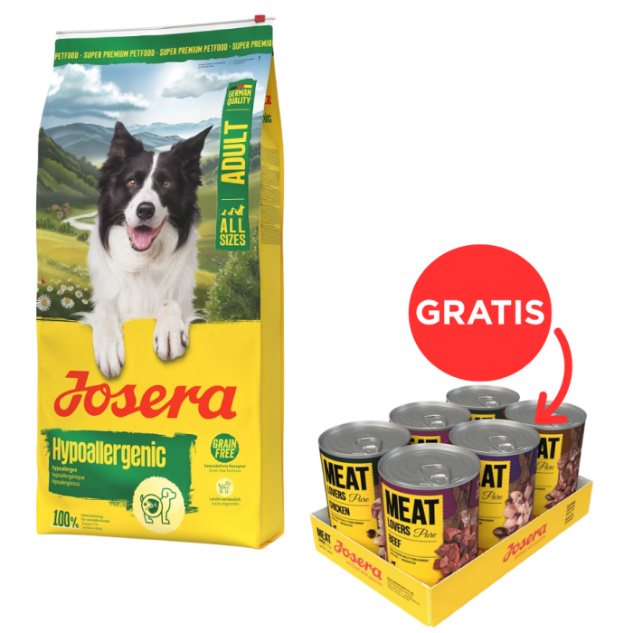 JOSERA Hypoallergenic Adult 12,5kg bezzbożowa karma dla wrażliwych psów z owadami + Meat Lovers Pure Multipack 6x400g mokra karma dla psów GRATIS