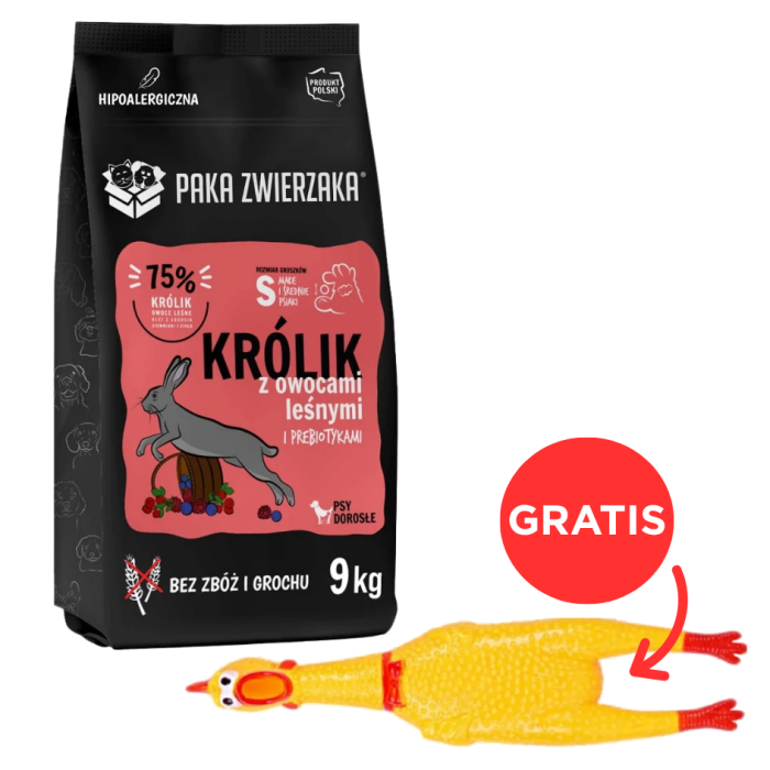 PAKA ZWIERZAKA Seventh Heaven Karma sucha Królik z owocami leśnymi S 9kg + zabawka kurczak GRATIS