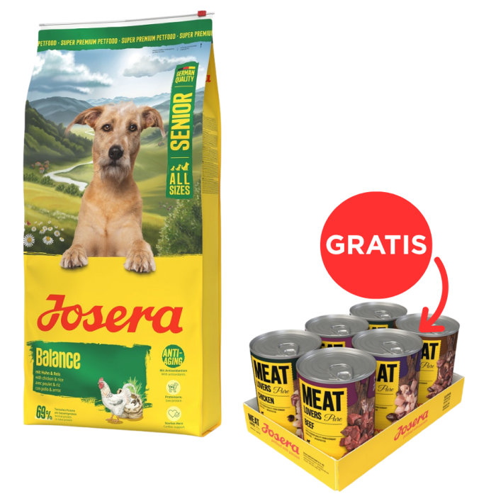 JOSERA Senior Balance 12,5kg dla starszych psów z niską zawartością tłuszczu + Meat Lovers Pure Multipack 6x400g mokra karma dla psów GRATIS