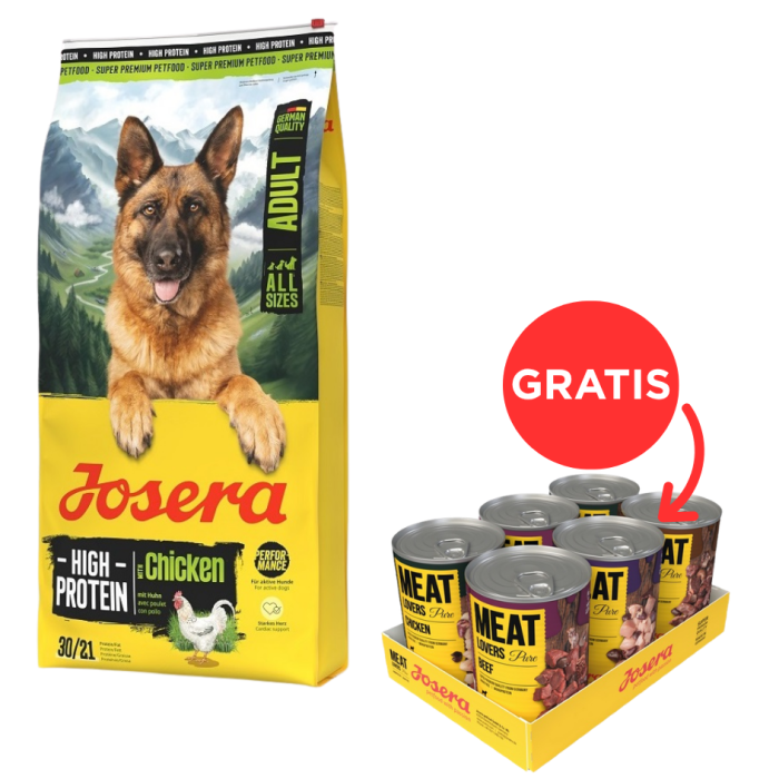 JOSERA High Protein Adult Chicken 12,5kg wysokoenergetyczna karma dla psów sportowych + Meat Lovers Pure Multipack 6x400g mokra karma dla psów GRATIS