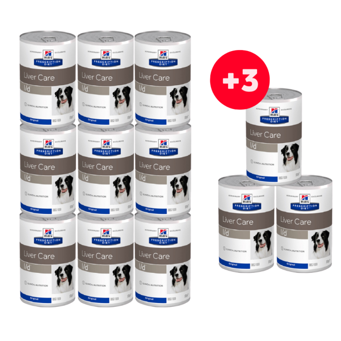 HILL'S Prescription Diet Canine l/d karma dla psów z chorobami wątroby 9x370g + 3 puszki GRATIS!