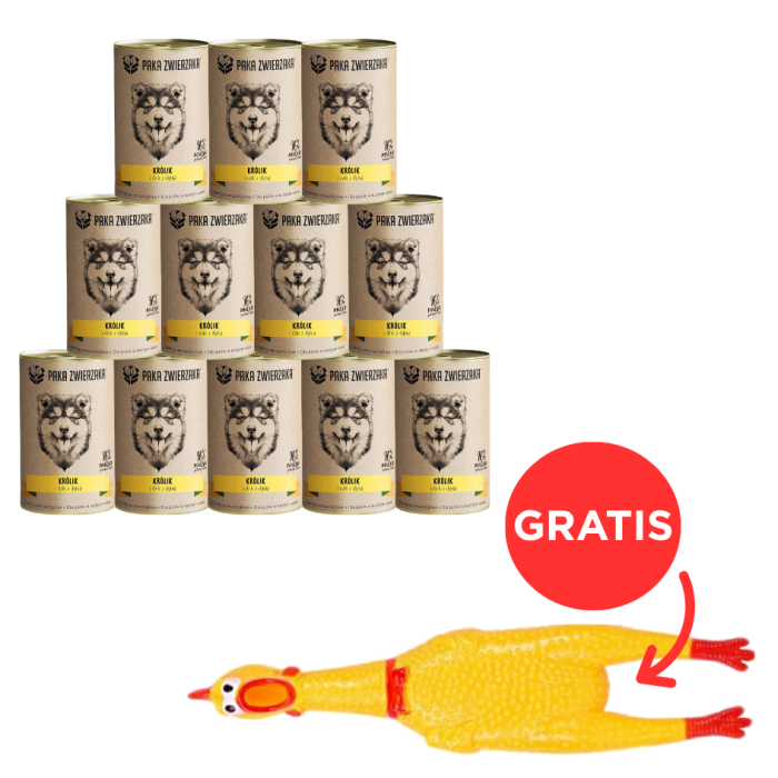 PAKA ZWIERZAKA Karma królik i dzik z dynią dla psa 12 x 400 g + zabawka kurczak GRATIS