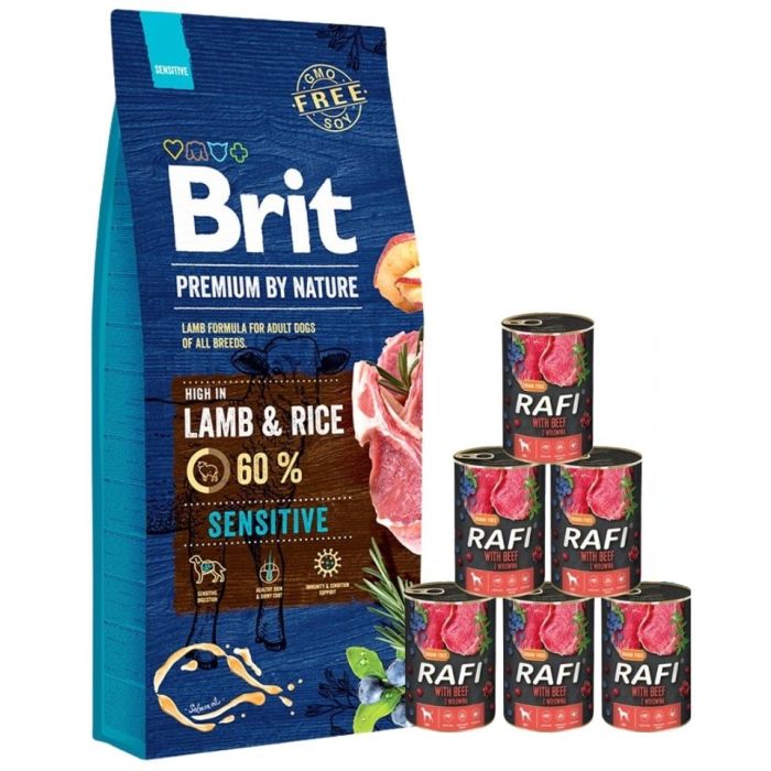 BRIT Premium By Nature Sensitive Lamb 15 kg + mokra karma z wołowiną 6x400 g