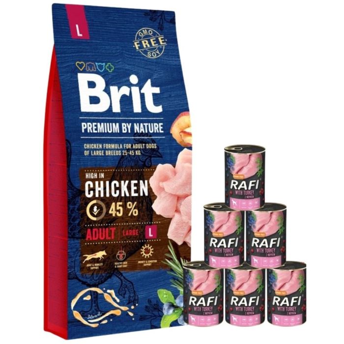 BRIT Premium By Nature Adult Large L 15 kg + mokra karma z indykiem 6x400 g