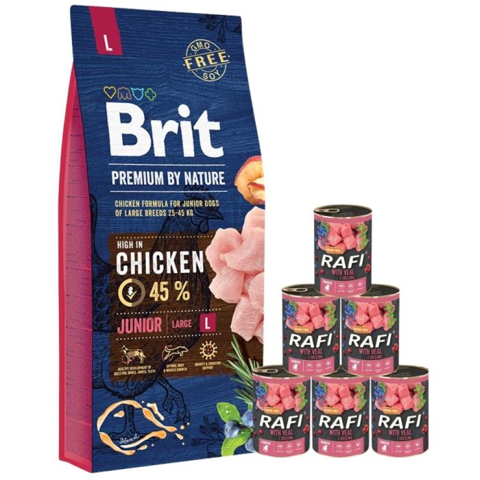 BRIT Premium By Nature Junior Large L 15 kg + mokra karma z cielęciną 6x400 g