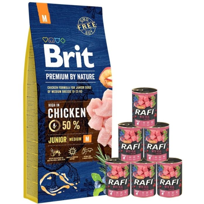 BRIT Premium By Nature Junior Medium M 15 kg + mokra karma z cielęciną 6x400 g