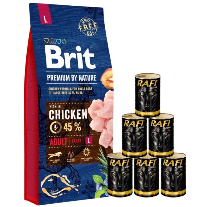 BRIT Premium By Nature Adult Large L 15 kg + mokra karma z drobiem 6x1240 g
