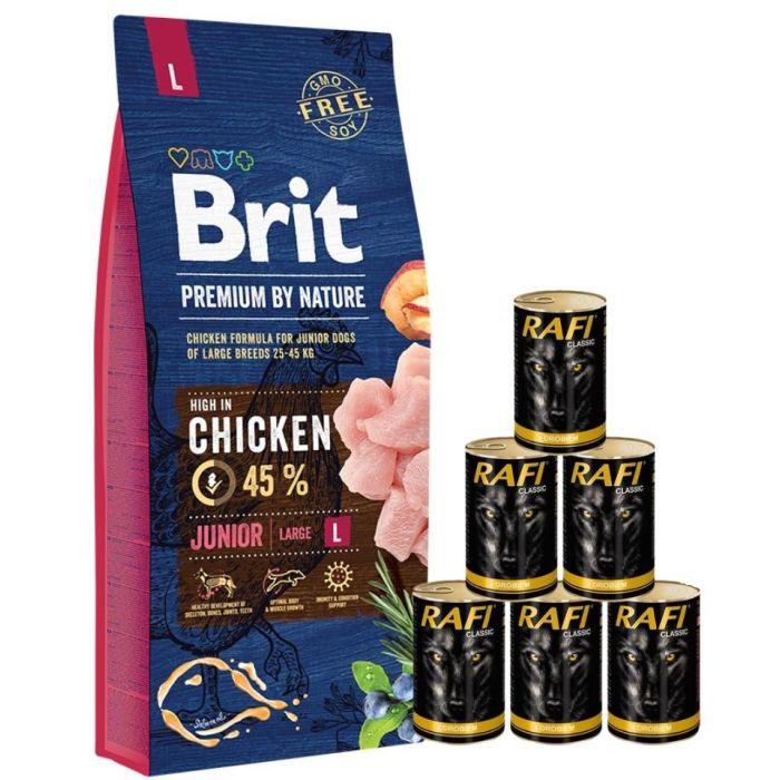 BRIT Premium By Nature Junior Large L 15 kg + mokra karma z drobiem 6x1240 g