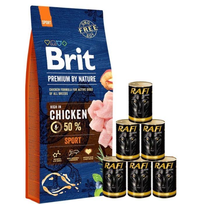 BRIT Premium By Nature Sport 15 kg + mokra karma z drobiem 6x1240 g