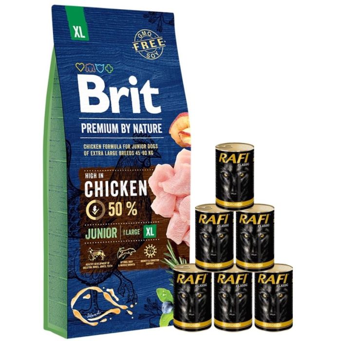 BRIT Premium By Nature Junior Extra Large XL 15 kg + mokra karma z drobiem 6x1240 g