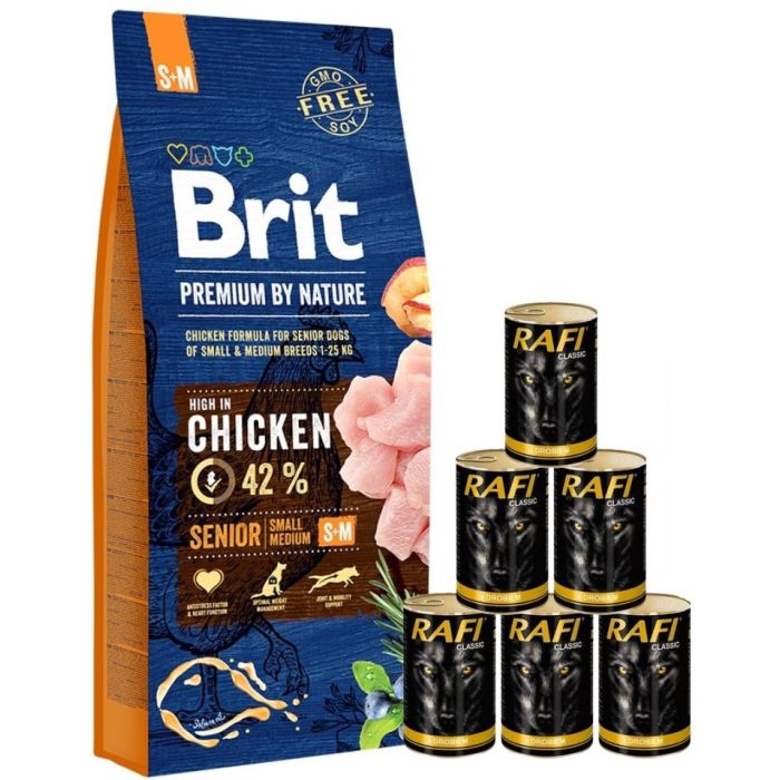 BRIT Premium By Nature Senior Small Medium S+M 15 kg + mokra karma z drobiem 6x1240 g