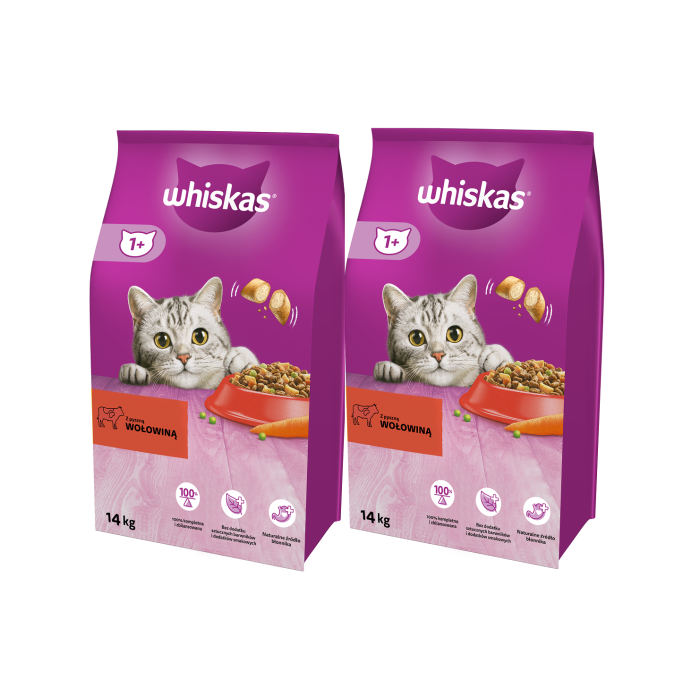 WHISKAS Adult 2x14kg sucha karma dla dorosłego kota pyszna wołowina