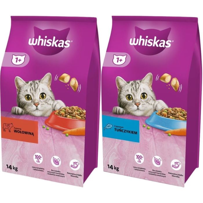 WHISKAS Adult 14kg z wołowiną i warzywami + WHISKAS Adult 14kg z tuńczykiem i warzywami