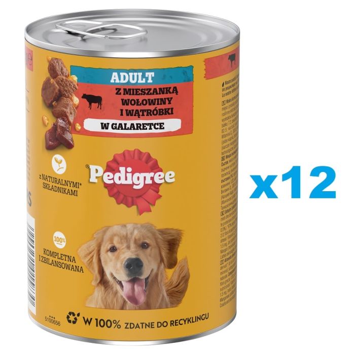 PEDIGREE Adult puszka 12x400 g mokra karma pełnoporcjowa dla dorosłych psów, z mieszanką wołowiny i wątróbki, w galaretce