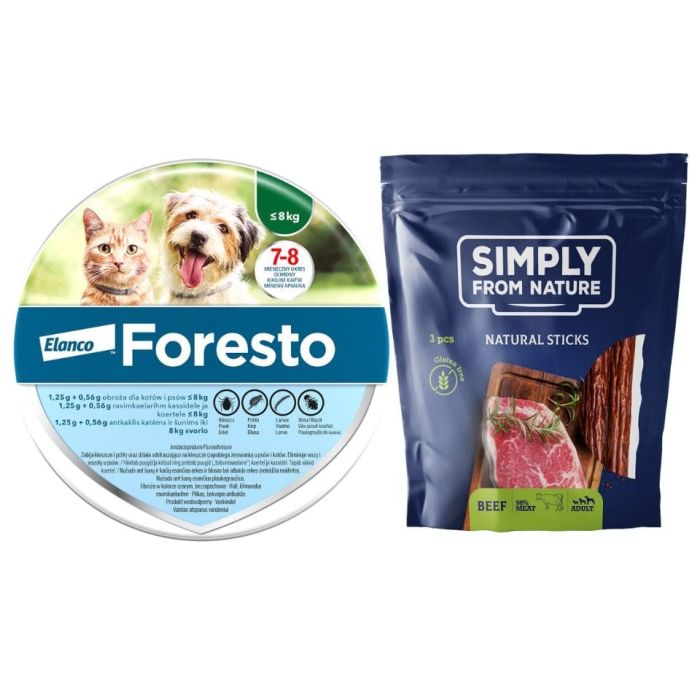 FORESTO Obroża dla kota i psa przeciw kleszczom i pchłom poniżej 8 kg + SIMPLY FROM NATURE Naturalne cygara z wołowiną 3 szt.