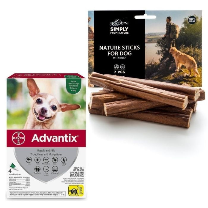 BAYER ADVANTIX Roztwór do nakrapiania dla psów do 4 kg (4 x  0,4 ml) + SIMPLY FROM NATURE Naturalne cygara z wołowiną 3 szt.
