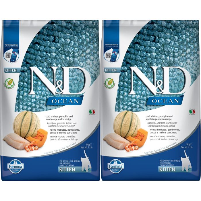FARMINA N&D Ocean Cat Kitten cod, shrimp, pumpkin & cantaloupe melon. Dorsz, krewetki, dynia i melon kanatlupa dla kociąt 2 x 5 kg