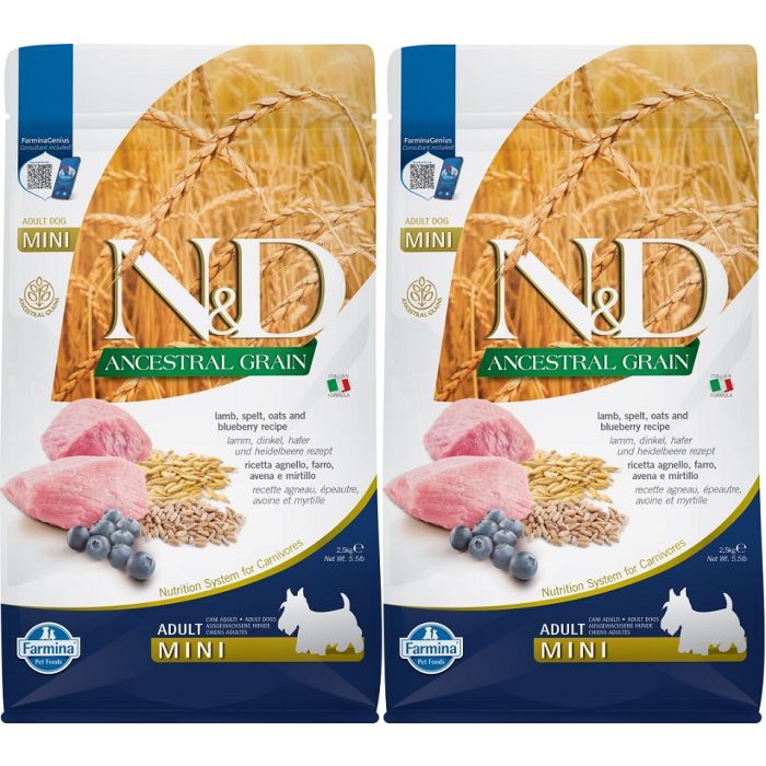 FARMINA N&D Ancestral Grain Lamb & Blueberry Adult Mini dog karma dla psów małych ras 2 x 2,5 kg