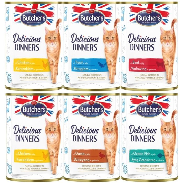 BUTCHER'S Delicious Dinners Mix smaków w galaretce 400g kawałki z kurczakiem, z dziczyzną, z pstrągiem, z rybą morską, z wołowiną