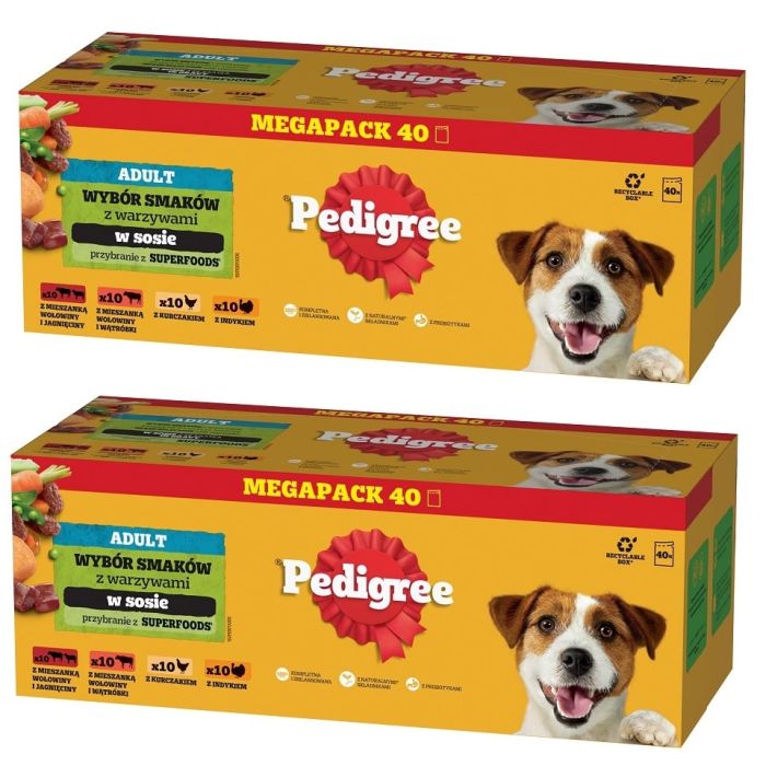 PEDIGREE Adult Wybór Smaków z warzywami saszetki 80x100 g mokra karma pełnoporcjowa dla dorosłych psów, z mieszanką wołowiny i jagnięciny, z mieszanką wołowiny i wątróbki, z kurczakiem, z indykiem, w sosie