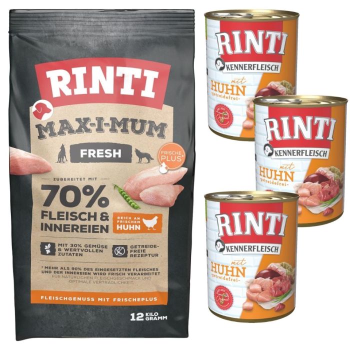 RINTI MAX-I-MUM Chicken z kurczakiem 12 kg + Kennerfleisch Chicken kurczak karma mokra 3x400 g