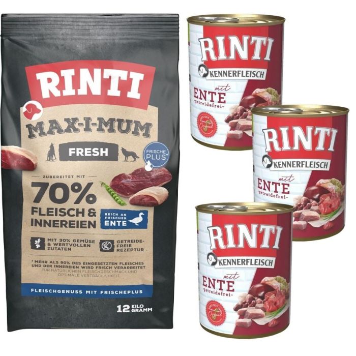 RINTI MAX-I-MUM Duck z kaczką 12 kg + Kennerfleisch Duck kaczka karma mokra 3x400 g