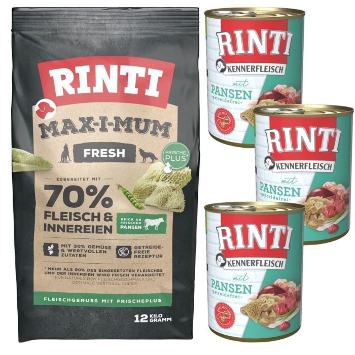 RINTI MAX-I-MUM Rumen ze żwaczami 12 kg + Kennerfleisch Rumen ze żwaczami karma mokra 3x400 g
