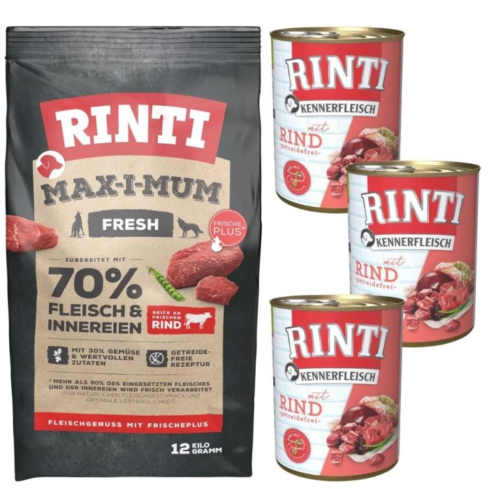 RINTI MAX-I-MUM Beef z wołowiną 12 kg + Kennerfleisch Beef wołowina karma mokra 3x400 g