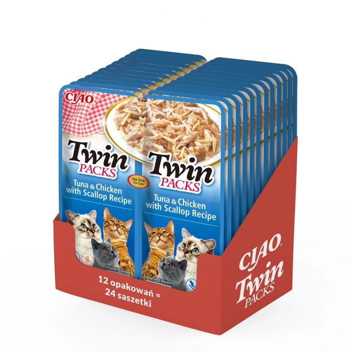 INABA Twin Tuńczyk z kurczakiem i przegrzebkami w bulionie dla kotów 24x40 g
