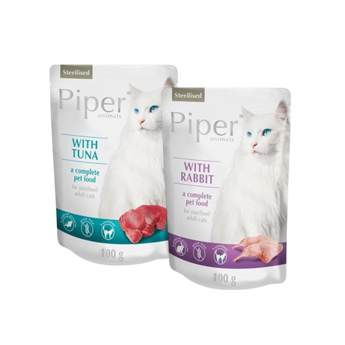 PIPER Sterilised Mix smaków z królikiem i z tuńczykiem 24x100 g mokra karma dla kotów po sterylizacji