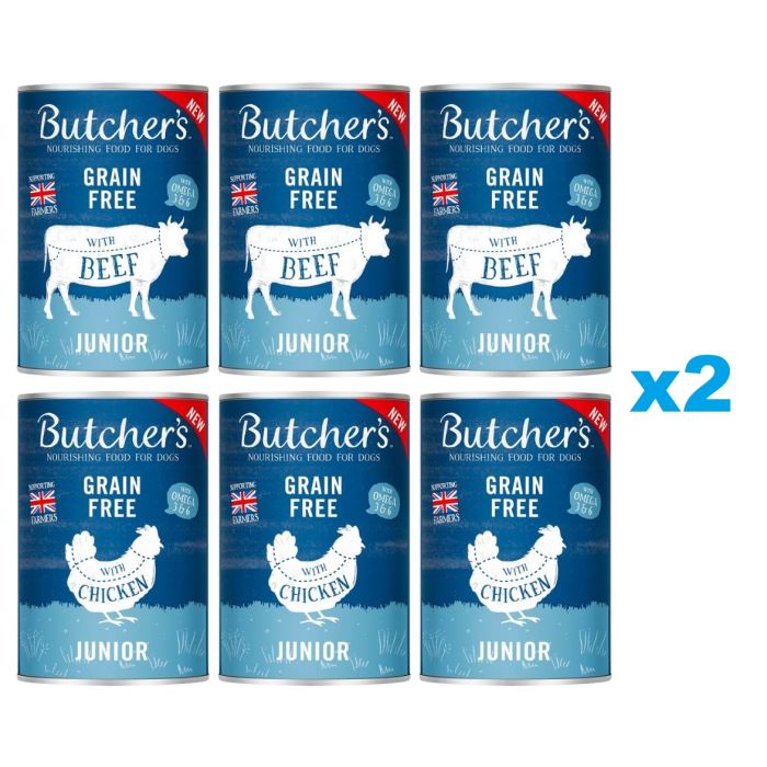 BUTCHER'S Original Junior Mix smaków 12x400g kawałki z wołowiną i kurczakiem w galaretce dla szczeniąt