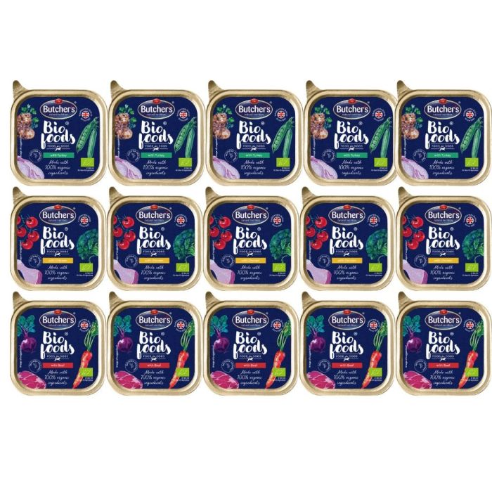 BUTCHER'S BIO foods Mix smaków indyk, wołowina, kurczak 15x150 g pasztet dla psa