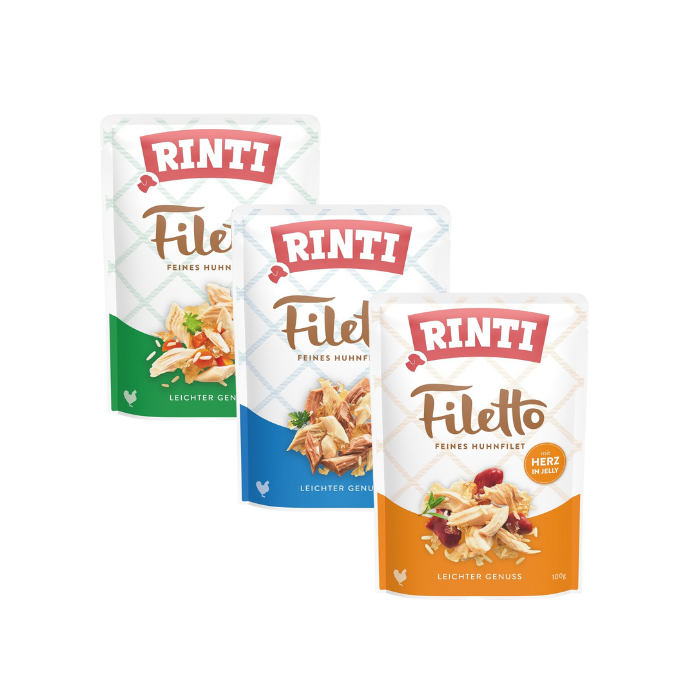 RINTI Filetto in Jelly Mix smaków z kurczakiem w galaretce 24x100 g kurczak i warzywa,  kurczak i kaczka, kurczak i serca drobiowe