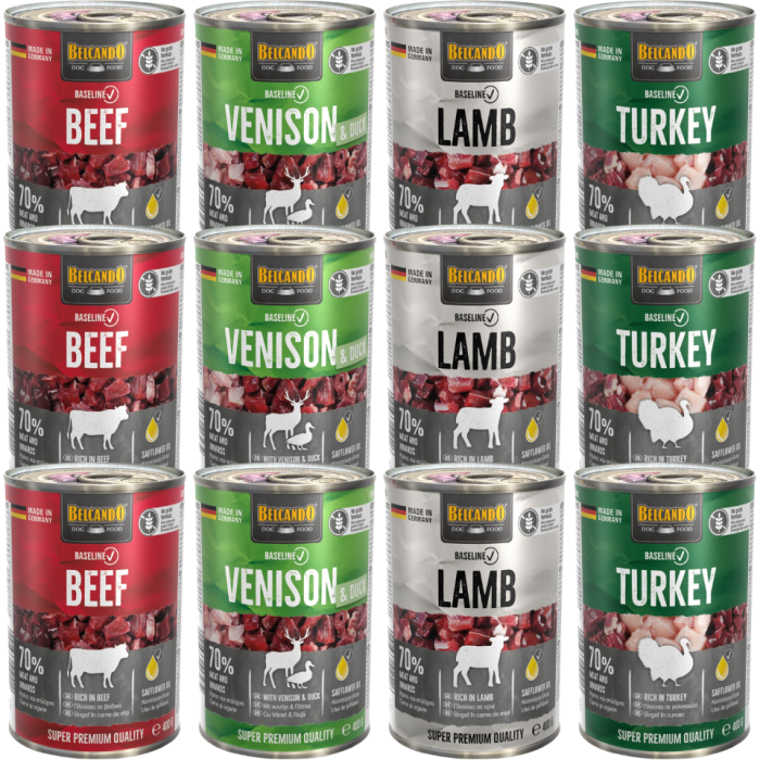 BELCANDO Baseline Mix smaków 12x400g indyk, jagnięcina, dziczyzna z kaczką, wołowina