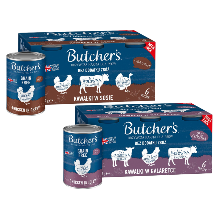 BUTCHER'S Original Recipe Mix smaków 6x400 g w sosie (z wołowiną, z indykiem i z kurczakiem), 6x400 g w galaretce (z wołowiną, z jagnięciną i z kurczakiem)