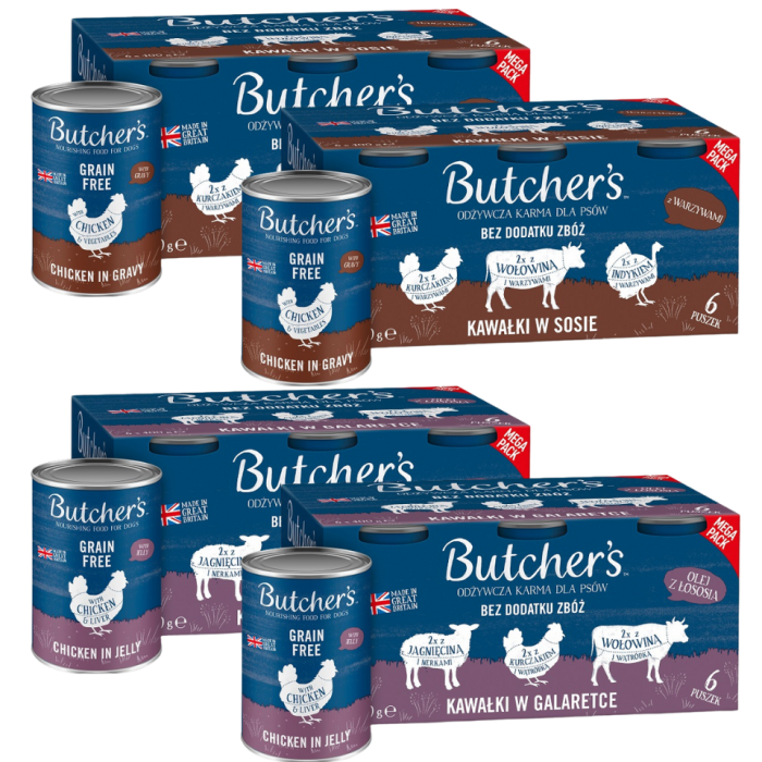 BUTCHER'S Original Recipe Mix smaków 2x6x400g w sosie (z wołowiną, z indykiem i z kurczakiem), 2x6x400 g w galaretce (z wołowiną, z jagnięciną i z kurczakiem)