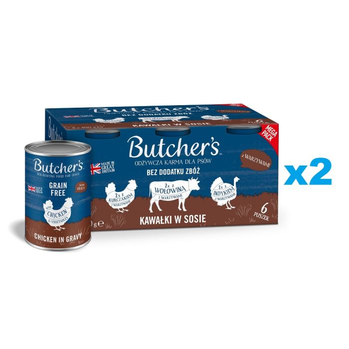 BUTCHER'S Original Recipe in gravy Mix smaków z warzywami 2x6x400 g kawałki w sosie z wołowiną, z indykiem i z kurczakiem dla psa