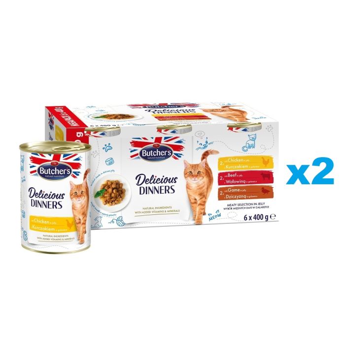 BUTCHER'S Delicious Dinners Cat Meaty selection in Jelly 2x6x400 g kawałki w galarecie z kurczakiem, z wołowiną i z dziczyzną dla kota