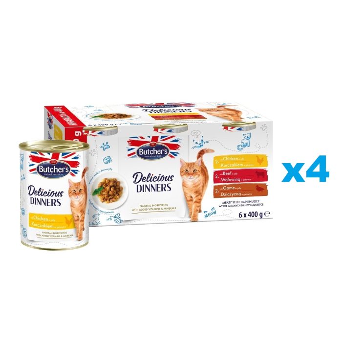 BUTCHER'S Delicious Dinners Cat Meaty selection in Jelly 4x6x400 g kawałki w galarecie z kurczakiem, z wołowiną i z dziczyzną dla kota