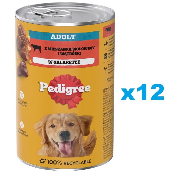 PEDIGREE Adult puszka 12x1200 g mokra karma pełnoporcjowa dla dorosłych psów, z mieszanką wołowiny i wątróbki, w galaretce