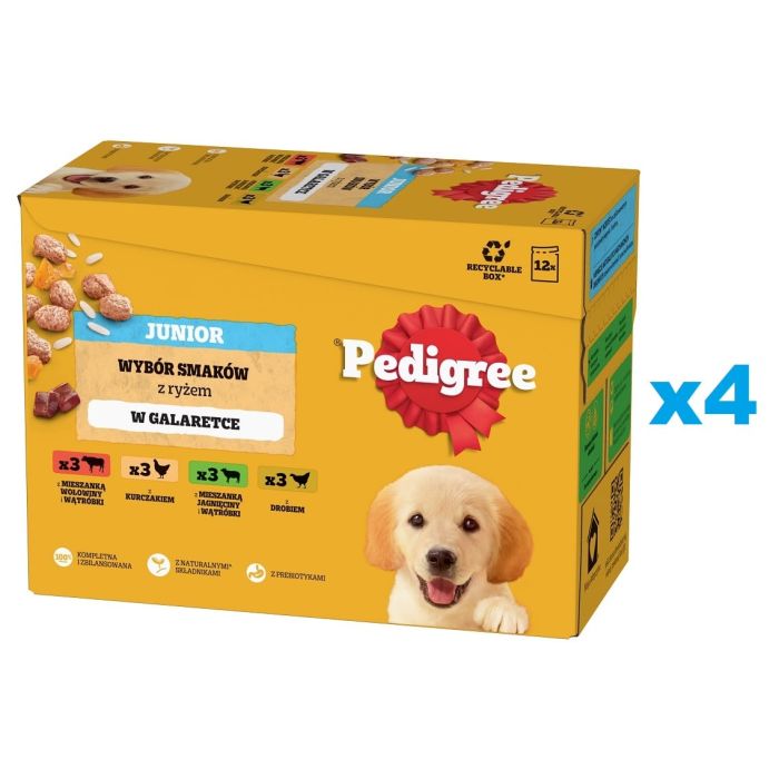 PEDIGREE Junior Wybór Smaków z ryżem saszetki 48x100 g mokra karma pełnoporcjowa dla szczeniąt, kawałki z mieszanką wołowiny i wątróbki i ryżem, z kurczakiem i ryżem, z mieszanką jagnięciny i wątróbki i ryżem, z drobiem i ryżem, w galaretce