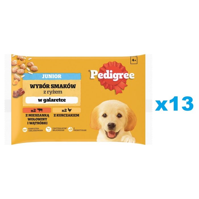 PEDIGREE Junior Wybór Smaków z ryżem saszetki 52x100 g mokra karma pełnoporcjowa dla szczeniąt, kawałki z mieszanką wołowiny i wątróbki i ryżem, z kurczakiem i ryżem, w galaretce