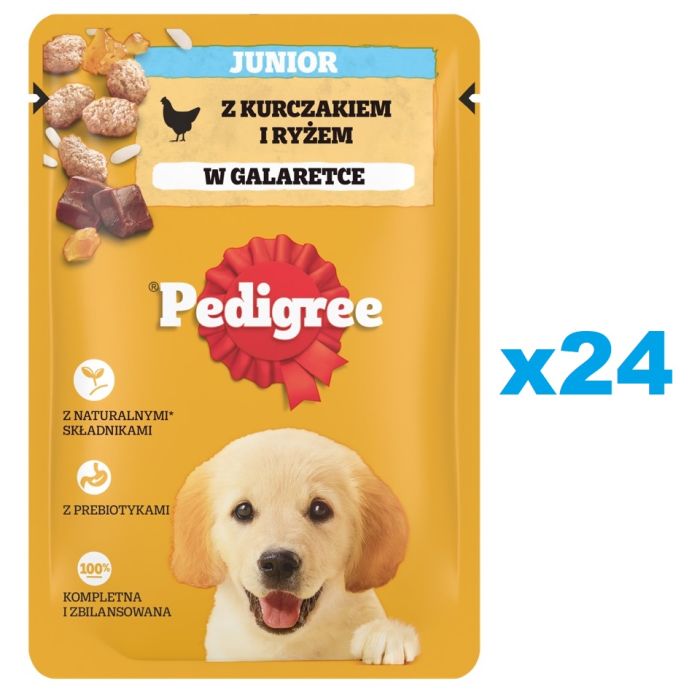 PEDIGREE Junior saszetka 24x100 g mokra karma pełnoporcjowa dla szczeniąt, kawałki bogate w kurczaka z ryżem, w galaretce