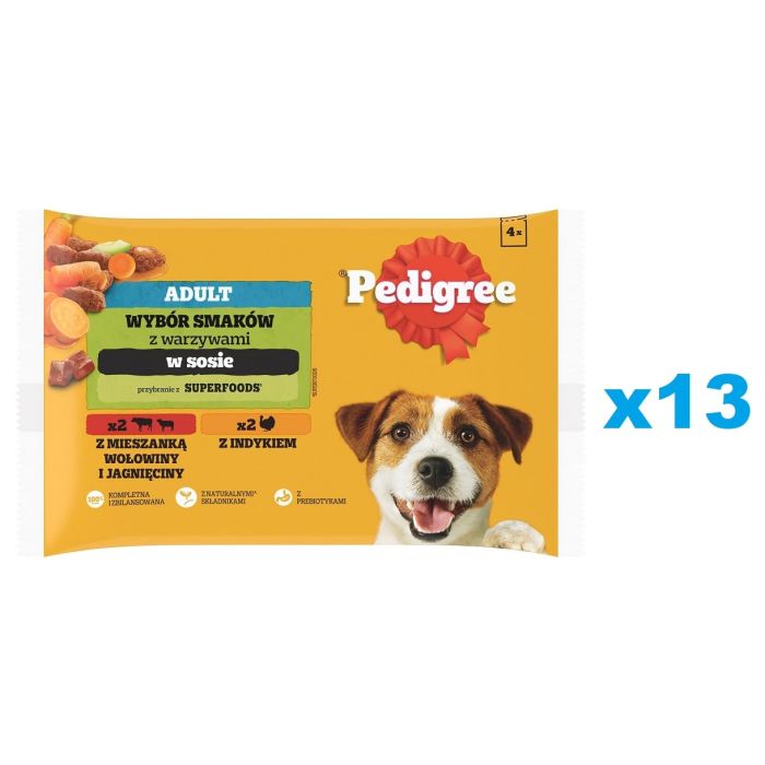 PEDIGREE Adult Wybór Smaków z warzywami saszetki 52x100 g mokra karma pełnoporcjowa dla dorosłych psów, z mieszanką wołowiny i jagnięciny, z indykiem, w sosie
